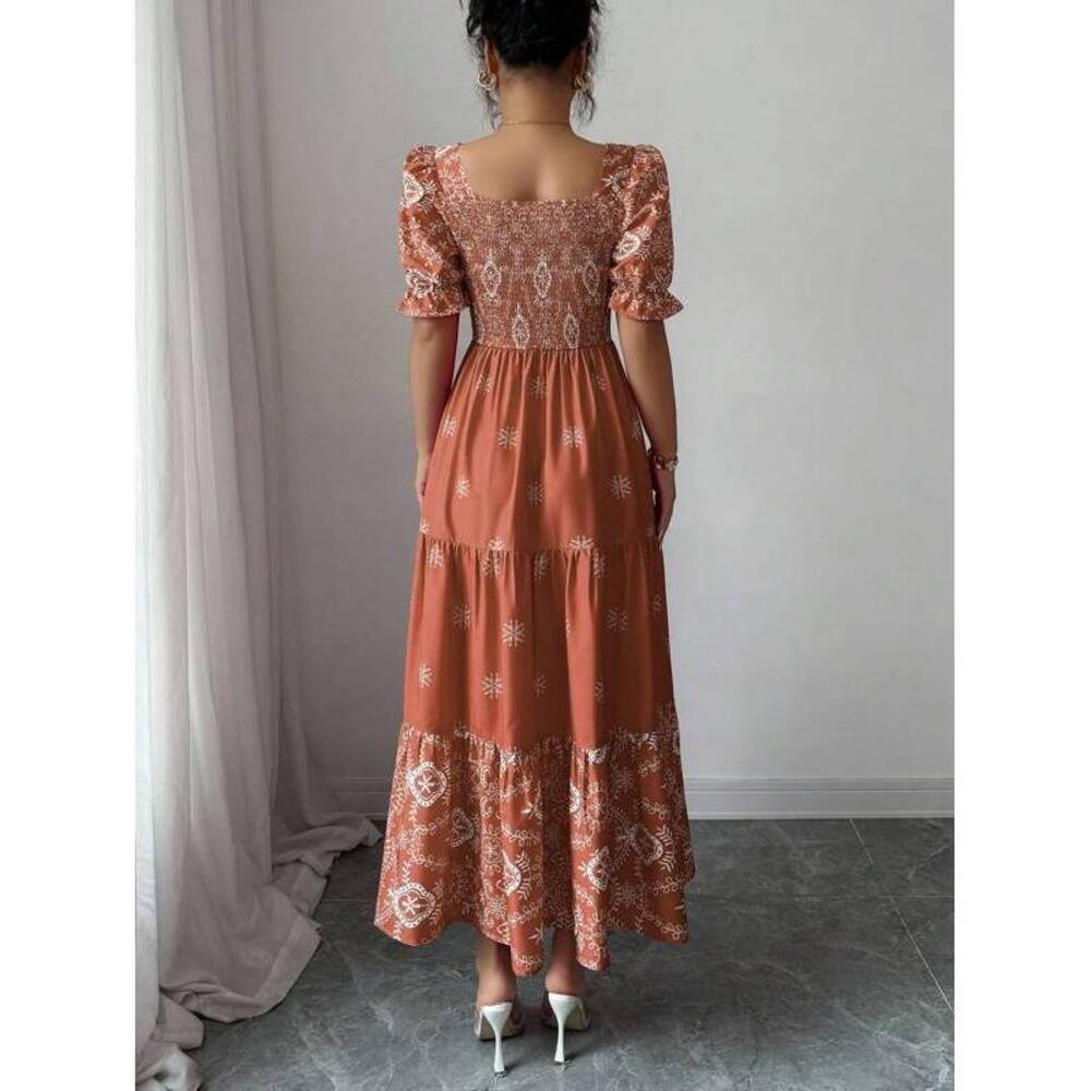 Elenzga Square Neck Waist Gathered A-Line Dress, Floral, F - Picture 2 of 6